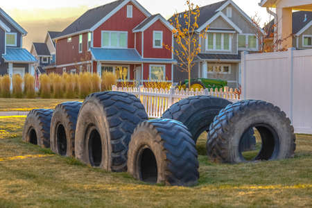 Recycled tires in neighborhood in Utah Valleyの写真素材