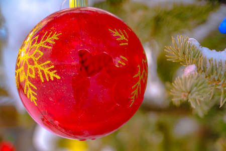 Broken Christmas bauble against snow covered treeの写真素材