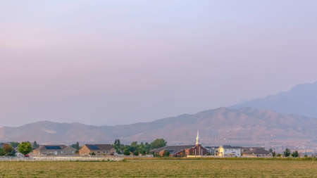 Church and homes in Eagle Mountain Utah communityの写真素材