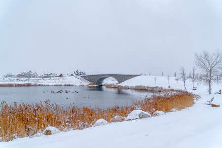 Lake with bridge on a winter wonderland in Utahの写真素材