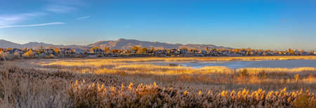 Lake homes mountain and sky in scenic Utah Valleyの写真素材