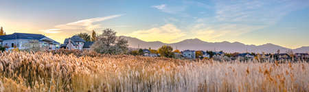 Homes and grassfield against mountain and skyの写真素材