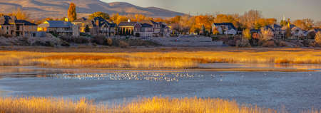 Homes and lake against mountain in Utah Valleyの写真素材