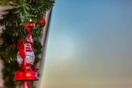 Roof garland with red balls and lamps in Utahの写真素材
