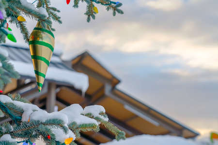 Snowy tree with decorations against roof and skyの写真素材