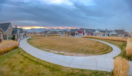 Homes around a circular path in Daybreak Utahの写真素材