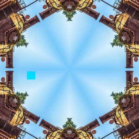 Abstract metal shapes around empty sky in grid. Geometric kaleidoscope pattern on mirrored axis of...