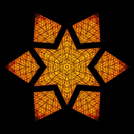 Abstract star made from a chain link fence at sunset. Geometric kaleidoscope pattern on mirrored...
