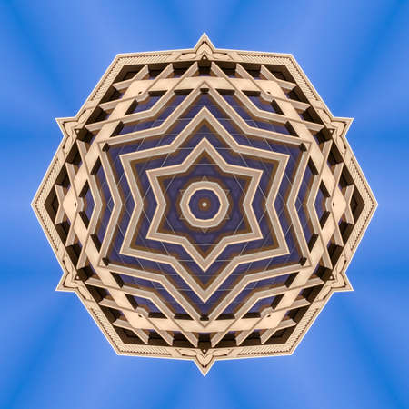 Angular shapes made from a downtown building. Geometric kaleidoscope pattern on mirrored axis of...