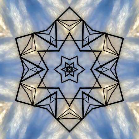 A badge shape made from metal bars. Geometric kaleidoscope pattern on mirrored axis of symmetry...