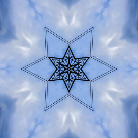 A blue background with a metal shape. Geometric kaleidoscope pattern on mirrored axis of symmetry...