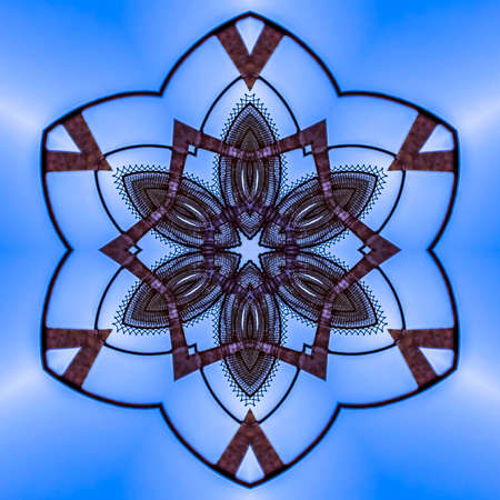 Abstract angular metal cage made from photo. Geometric kaleidoscope pattern on mirrored axis of...