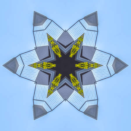 Balcony real estate photo with abstract shape. Geometric kaleidoscope pattern on mirrored axis of...