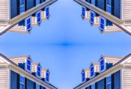 Corners of a photo with the upper level of a home. Geometric kaleidoscope pattern on mirrored axis...