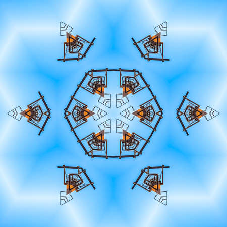 Design pattern made from an industrial photo. Geometric kaleidoscope pattern on mirrored axis of...