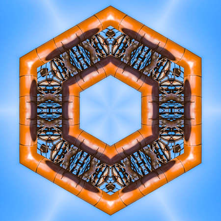 Dirty filter look as an industrial photo abstract. Geometric kaleidoscope pattern on mirrored axis...