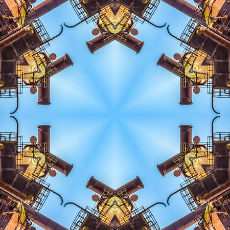 Empty space surrounded by abstract metal shapes. Geometric kaleidoscope pattern on mirrored axis of...