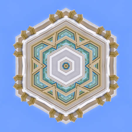 Church temple made into a badge shape. Geometric kaleidoscope pattern on mirrored axis of symmetry...