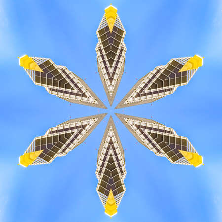 Small sliver star made with real estate photo. Geometric kaleidoscope pattern on mirrored axis of...
