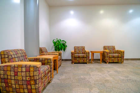 Chairs tables and potted plant inside a room