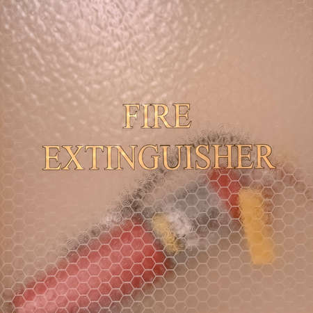 Fire Extinguisher of Utah State Capital Building. Close up of a fire extinguisher behind hazy glass...