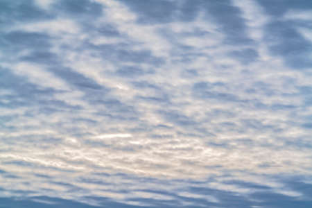 Astonishing boundless blue sky filled with a layer of white pufffy clouds. Looking up at a defocused...