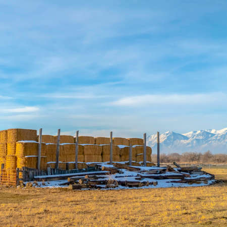 Square Farm in Eagle Mountain Utah with stacks of hay and snowy logs in winter. A striking snow capped mountain and cloudy sky can be seen in the background.の写真素材