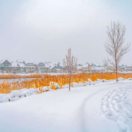 Clear Square Trail on the powdery snow along Oquirrh Lake with view of homes and vast sky. An arched bridge over the lake can be seen in the distance.の写真素材
