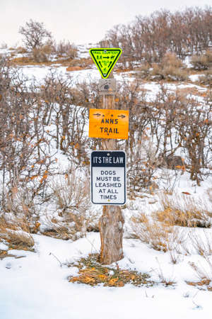 Various trail signs and dog leash sign on an old wooden postの写真素材