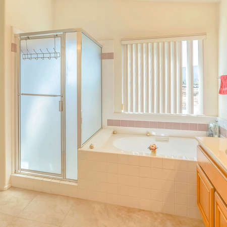 Frame Square Interior of a bathroom with built in bathtub vanity area and separate shower
