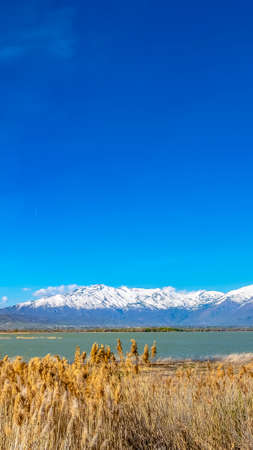 Panorama Panorama of trails and brown grasses surrounding a lake viewed on a sunny dayの写真素材