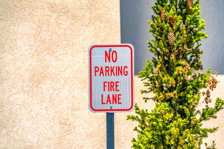 No Parking Fire Lane sign with a tree and wall in the backgroundの写真素材