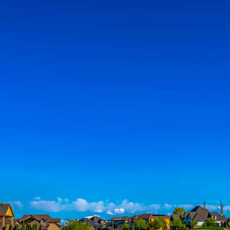 Square frame Houses on a vast grassy terrain with rich blue sky background on a sunny day. Row of conical shaped trees grow in front of a house that is under construction.の写真素材