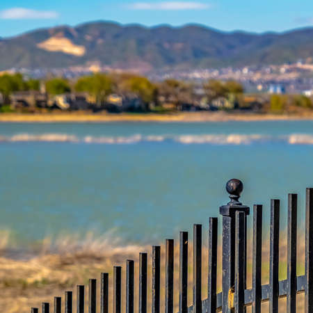 Square Black metal fence with a lake and grassy shore in the backgroundの写真素材