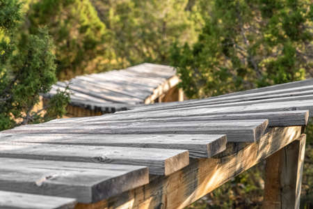 Close up of a bridge in the forest surrounded by lush green trees. The structure is made of rustic...