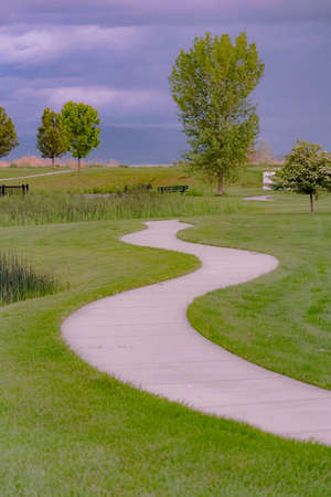 Curvy pathway small pond bench and trees on a grassy terrain under cloudy sky. A lake and silhouetted mountain can be seen in the distance.の写真素材