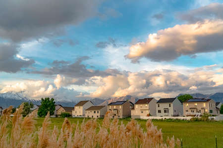Tall brown grasses with stylish homes and snow capped mountain in the background. Blue sky with thick gray clouds can be seen over the neighborhood.の写真素材