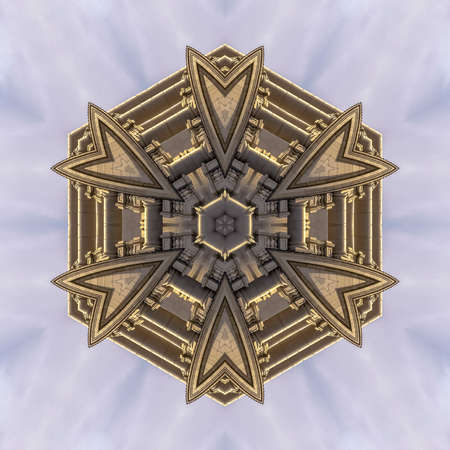 Angular ball of a fractal of Capital builiding. Geometric kaleidoscope pattern on mirrored axis of...
