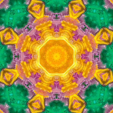 Vibrant blue purple and yellow feathers fashion. Geometric kaleidoscope pattern on mirrored axis of...