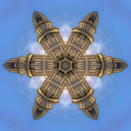 State Capital building made into a strange fractal. Geometric kaleidoscope pattern on mirrored axis...