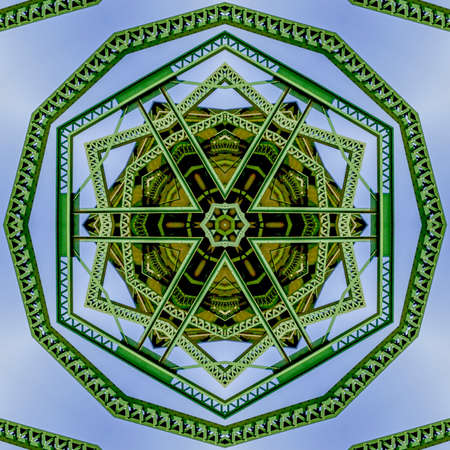 Patterned cirlcular photo created from the shapes of a green bridge in California. Geometric...