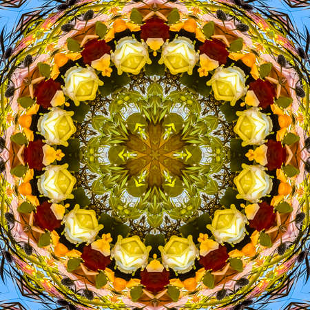 Rose design in a circle with green leaves and sky. Geometric kaleidoscope pattern on mirrored axis...