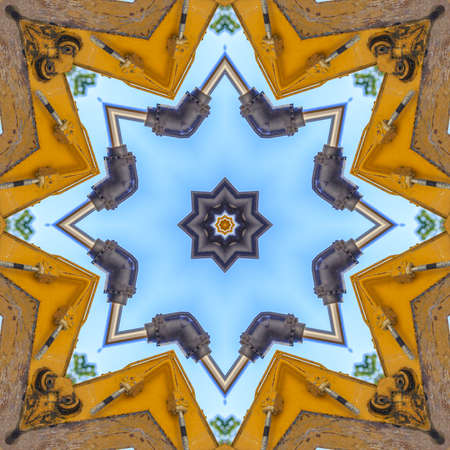 Star shape made from a tractor arm. Geometric kaleidoscope pattern on mirrored axis of symmetry...