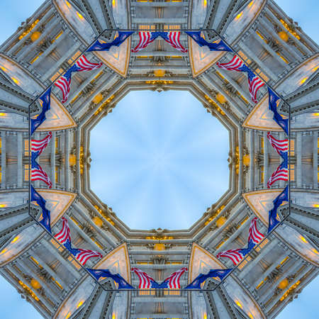 Geometric photo with American and Utah flags. Geometric kaleidoscope pattern on mirrored axis of...