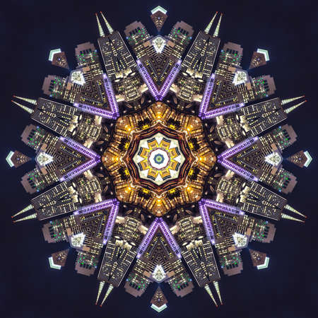 San Francisco into a city night skyline pattern. Geometric kaleidoscope pattern on mirrored axis of...