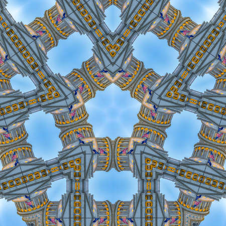 Grid with the Utah State Capital Building. Geometric kaleidoscope pattern on mirrored axis of...