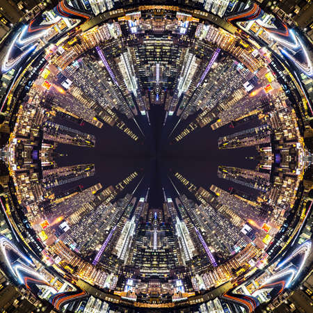 San Francisco skyline at night radial shape. Geometric kaleidoscope pattern on mirrored axis of symmetry reflection. Colorful shapes as a wallpaper for advertising background or backdrop.の写真素材
