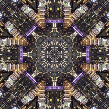 San Fransisco streets and city made into fractal. Geometric kaleidoscope pattern on mirrored axis of...