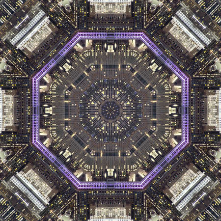 San Francisco streets at night fractal design. Geometric kaleidoscope pattern on mirrored axis of...
