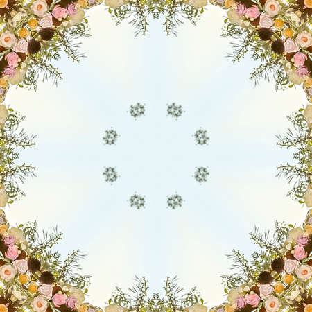 Square Circular floral design made from flowers at a wedding in California. Geometric kaleidoscope...